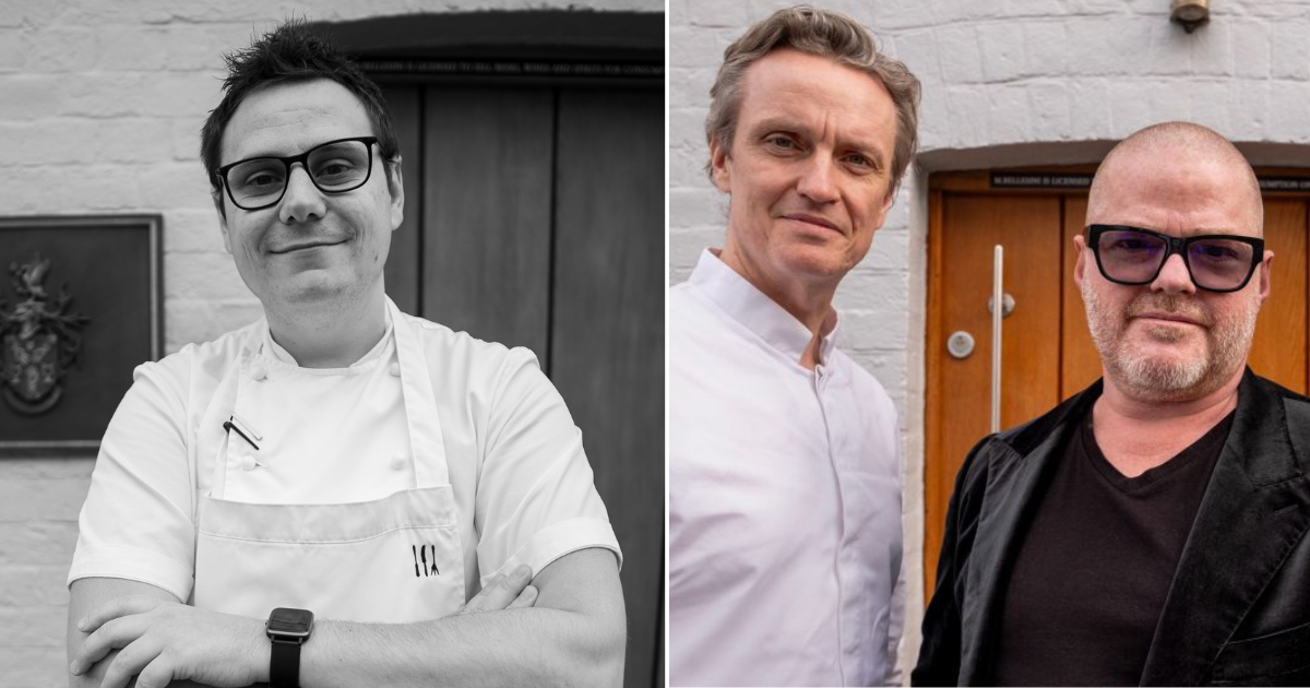 Head Chef Karl Jaques, Global Culinary Director James “Jocky” Petrie, and Heston Blumenthal outside The Fat Duck.